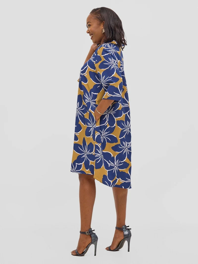 Vivo Reba Hi Low Dress - Navy / White Print