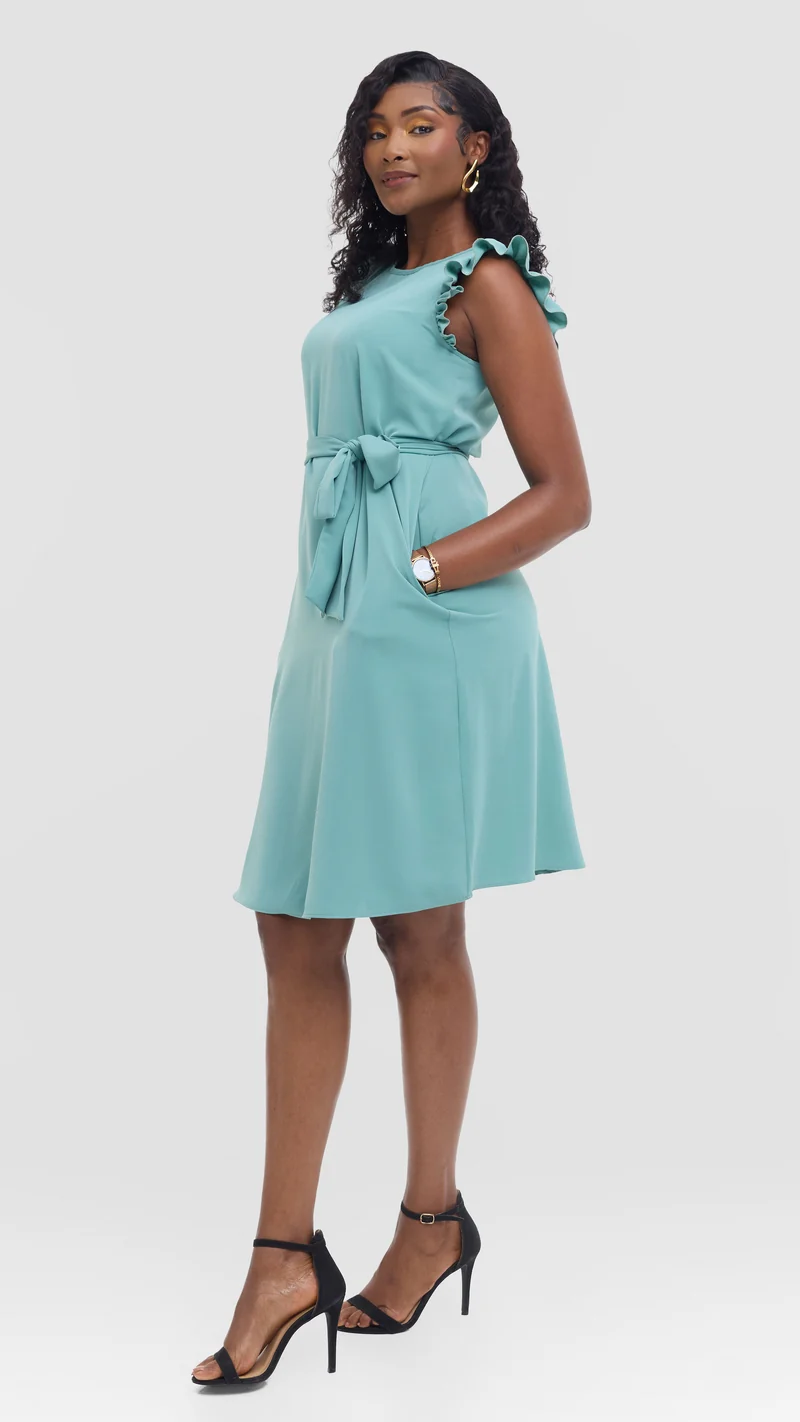 Vivo Nasinka A-Line Knee Length Dress in Crepe - Dusty Green