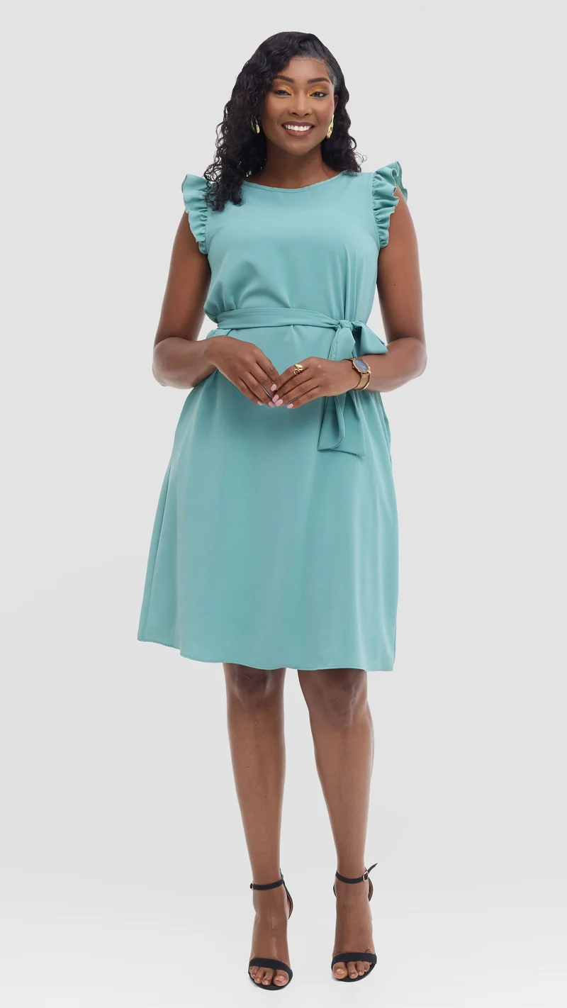 Vivo Nasinka A-Line Knee Length Dress in Crepe - Dusty Green