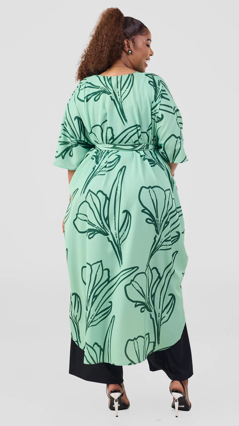 Vivo Scalloped Kimono In Crepe - Lime / Dark Green Print