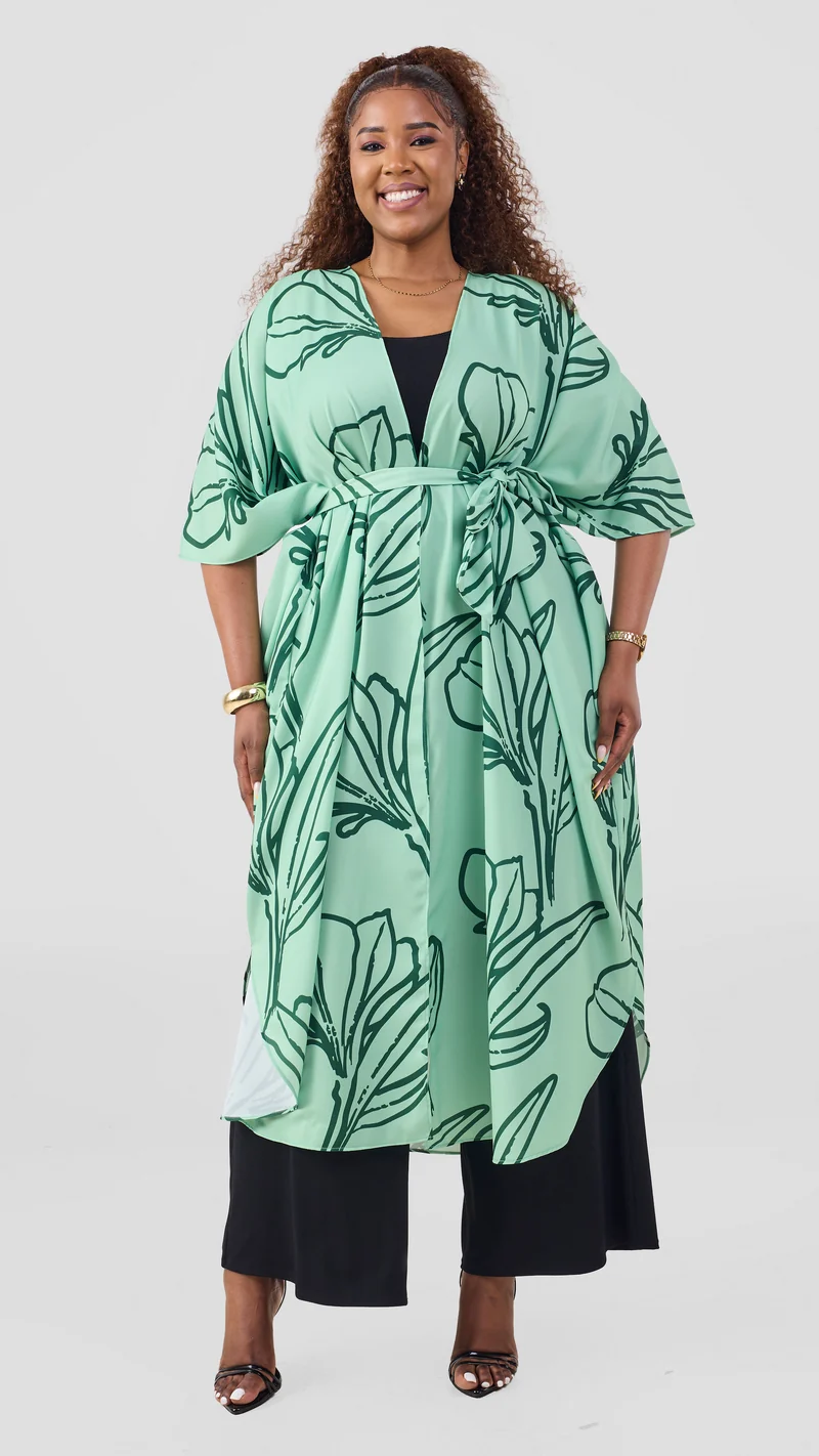 Vivo Scalloped Kimono In Crepe - Lime / Dark Green Print