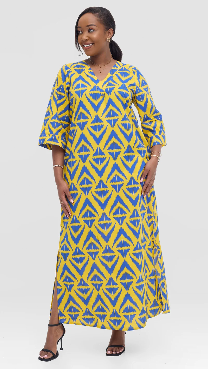Vivo Lulu 3/4 Sleeve Maxi Dress in Cotton - Yellow / Blue Print