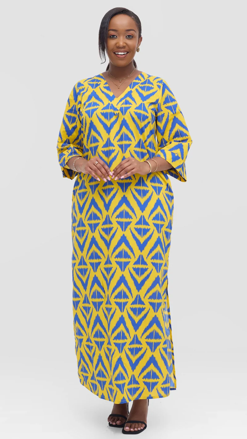 Vivo Lulu 3/4 Sleeve Maxi Dress in Cotton - Yellow / Blue Print