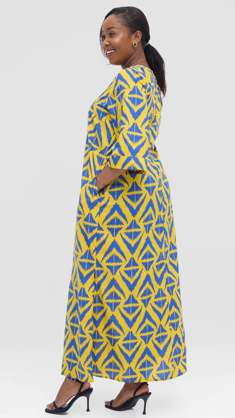 Vivo Lulu 3/4 Sleeve Maxi Dress in Cotton - Yellow / Blue Print