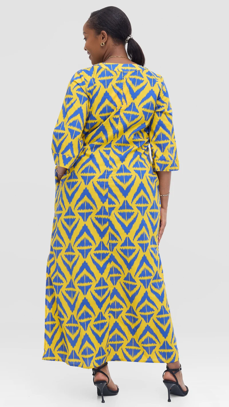 Vivo Lulu 3/4 Sleeve Maxi Dress in Cotton - Yellow / Blue Print