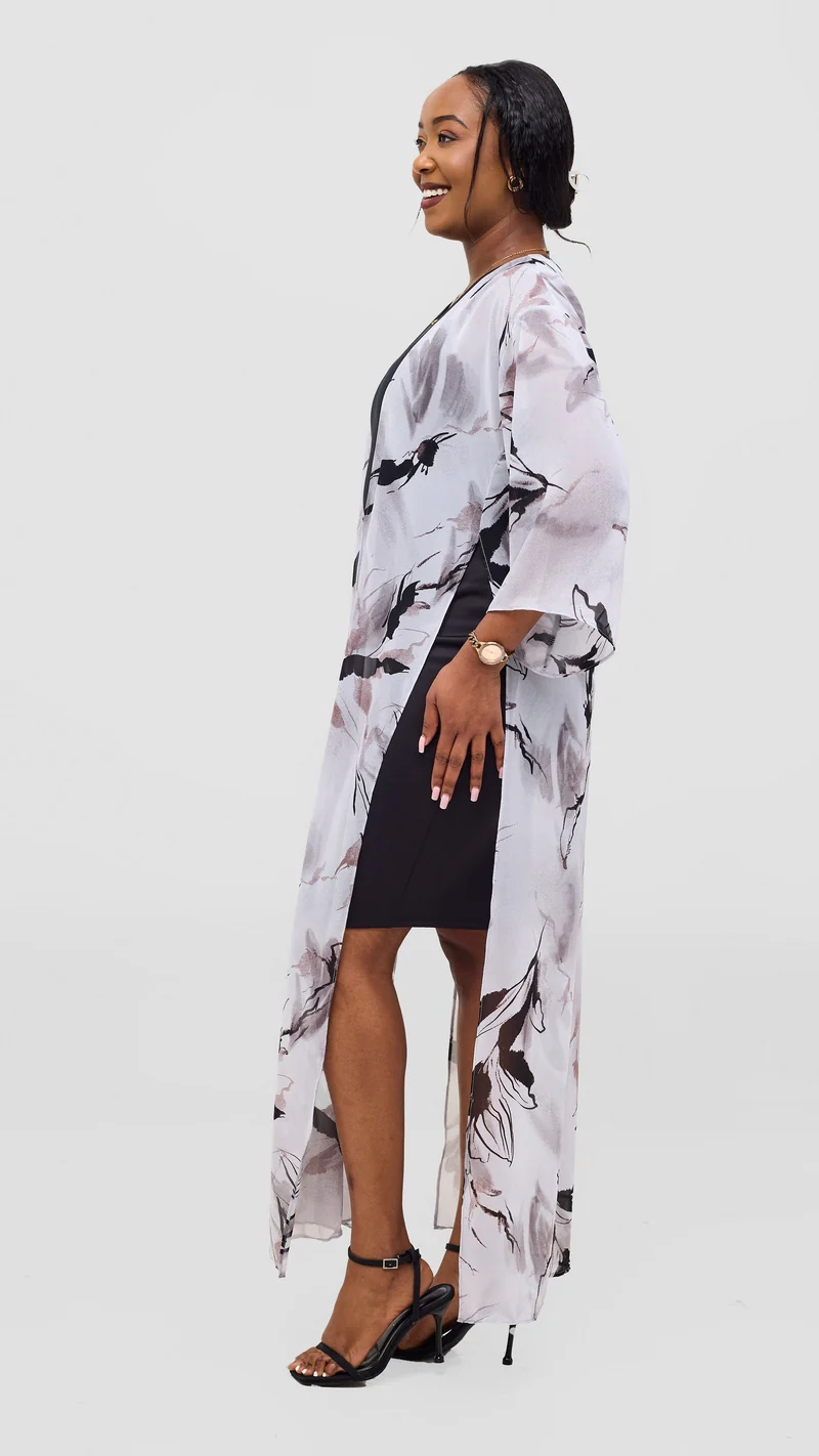 Vivo Nandi High Slit Kimono - Grey / Black Print