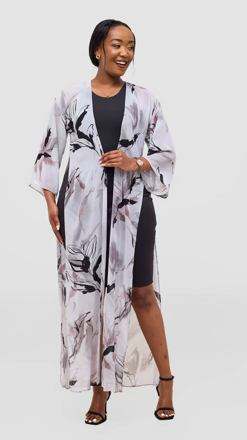 Vivo Nandi High Slit Kimono - Light Grey / Black Print