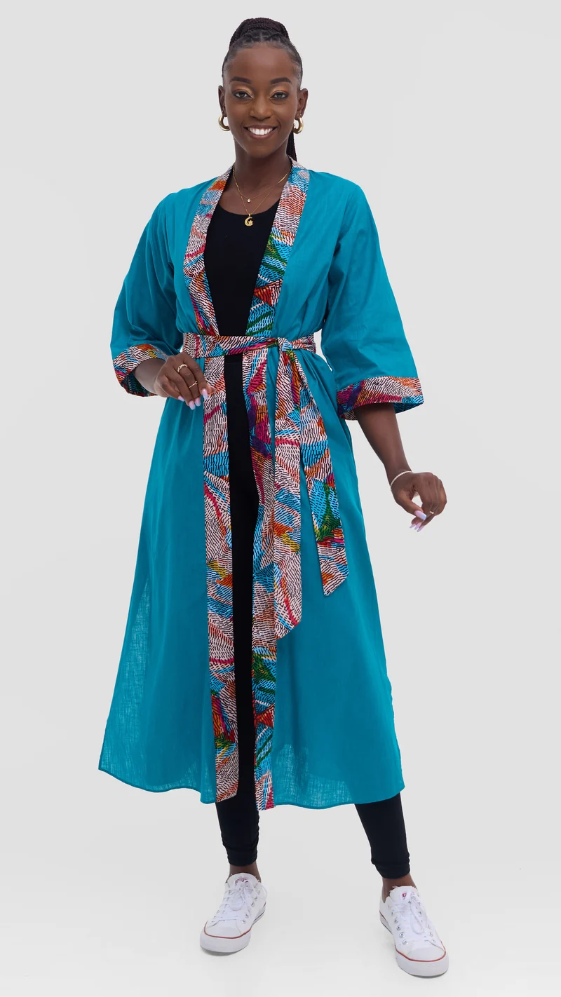 Safari Tafari High Slit Kimono - Teal / Lanje Print