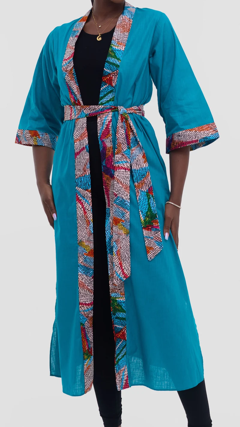 Safari Tafari High Slit Kimono - Teal / Lanje Print