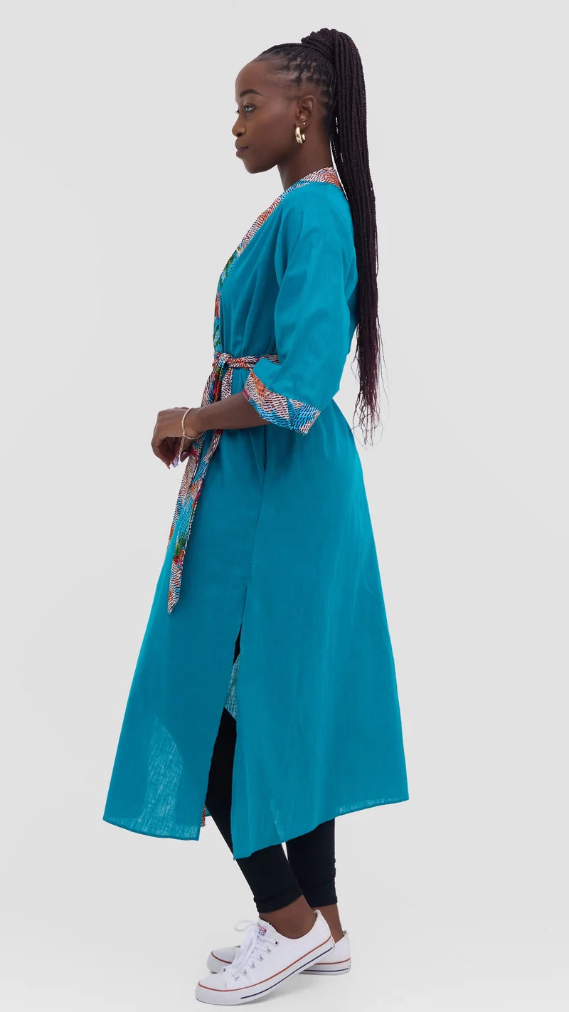 Safari Tafari High Slit Kimono - Teal / Lanje Print