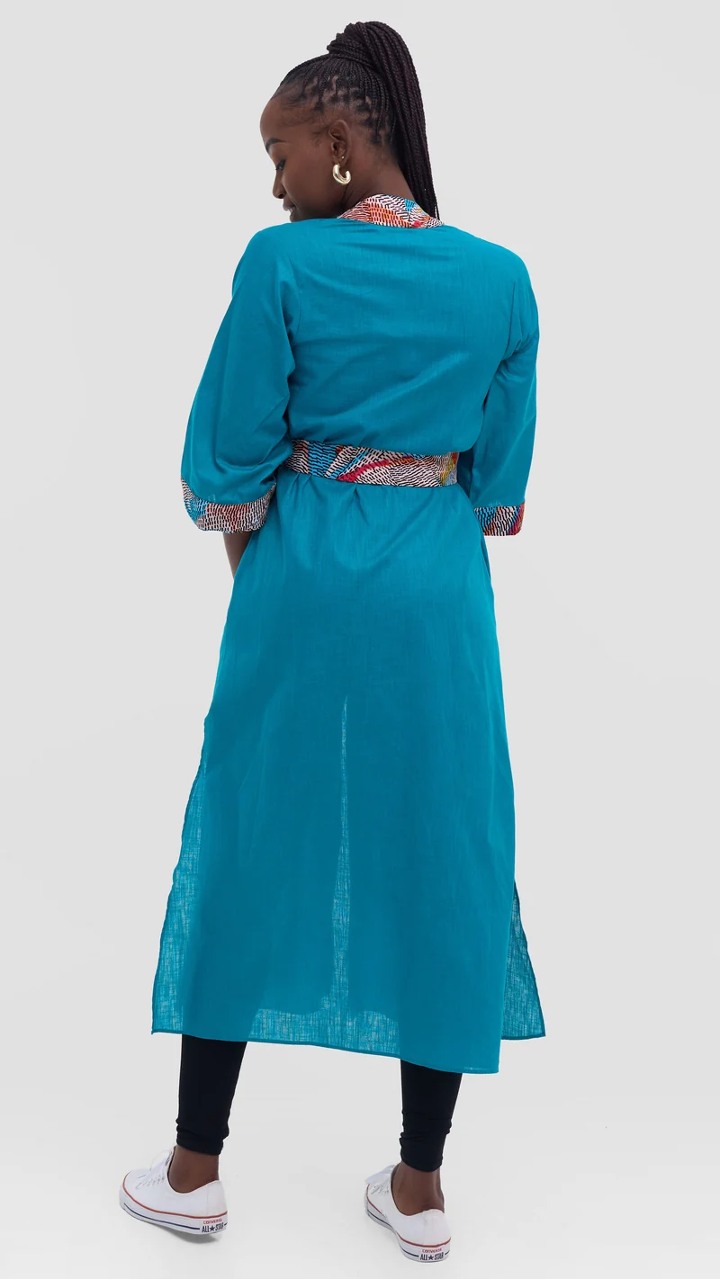 Safari Tafari High Slit Kimono - Teal / Lanje Print