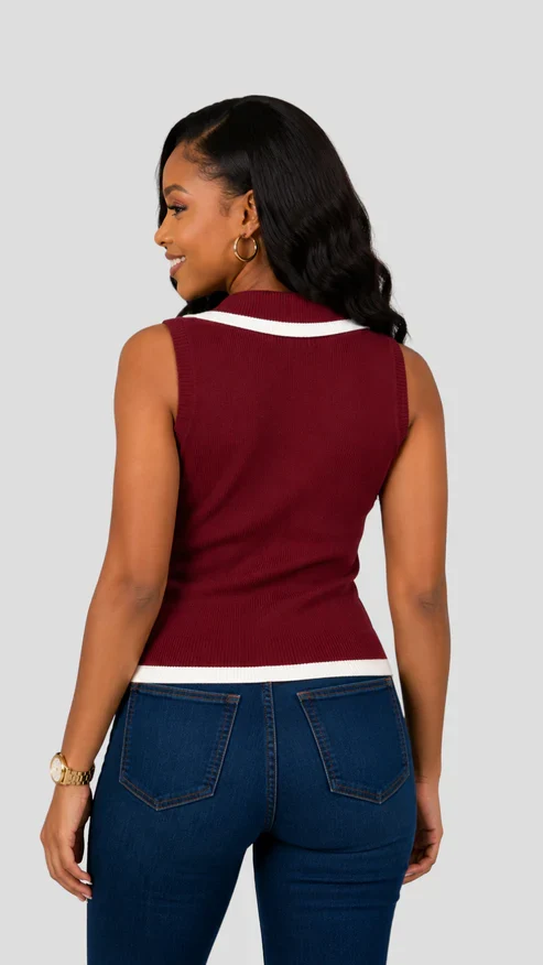 The Fashion Frenzy Contrast Trim Sleeveless Knit Top - Maroon