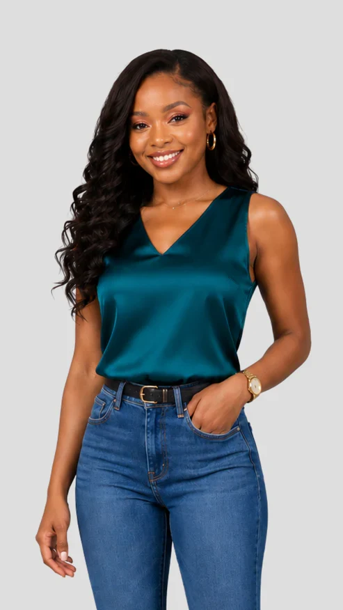 The Fashion Frenzy Amara Satin V-Neck Blouse – Teal