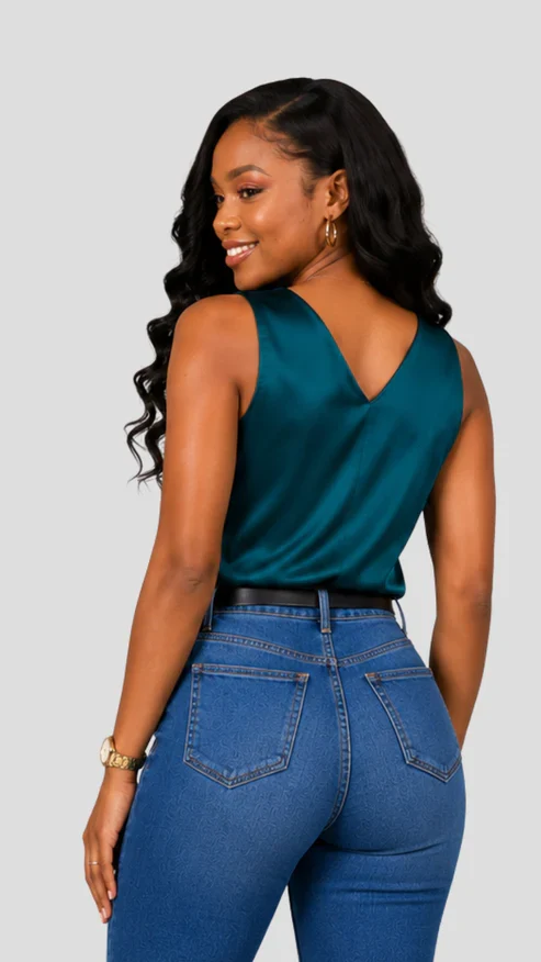 The Fashion Frenzy Amara Satin V-Neck Blouse – Teal