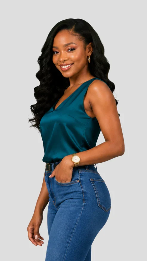 The Fashion Frenzy Amara Satin V-Neck Blouse – Teal