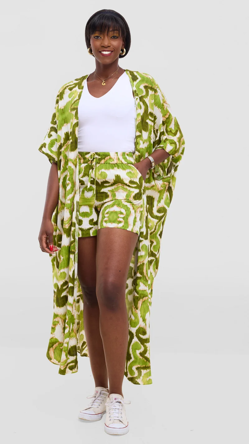 Vivo Talia Kimono & Shorts Set - Olive / Hunters Green Print