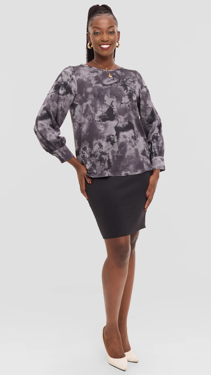 Vivo Tatili Bishop Long Sleeve Top in Satin - Grey Multicolor Print