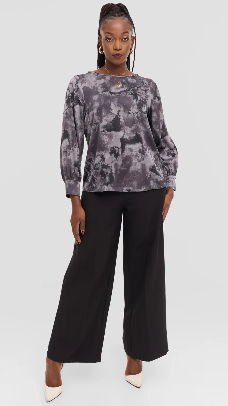 Vivo Tatili Bishop Long Sleeve Top in Satin - Grey Multicolor Print
