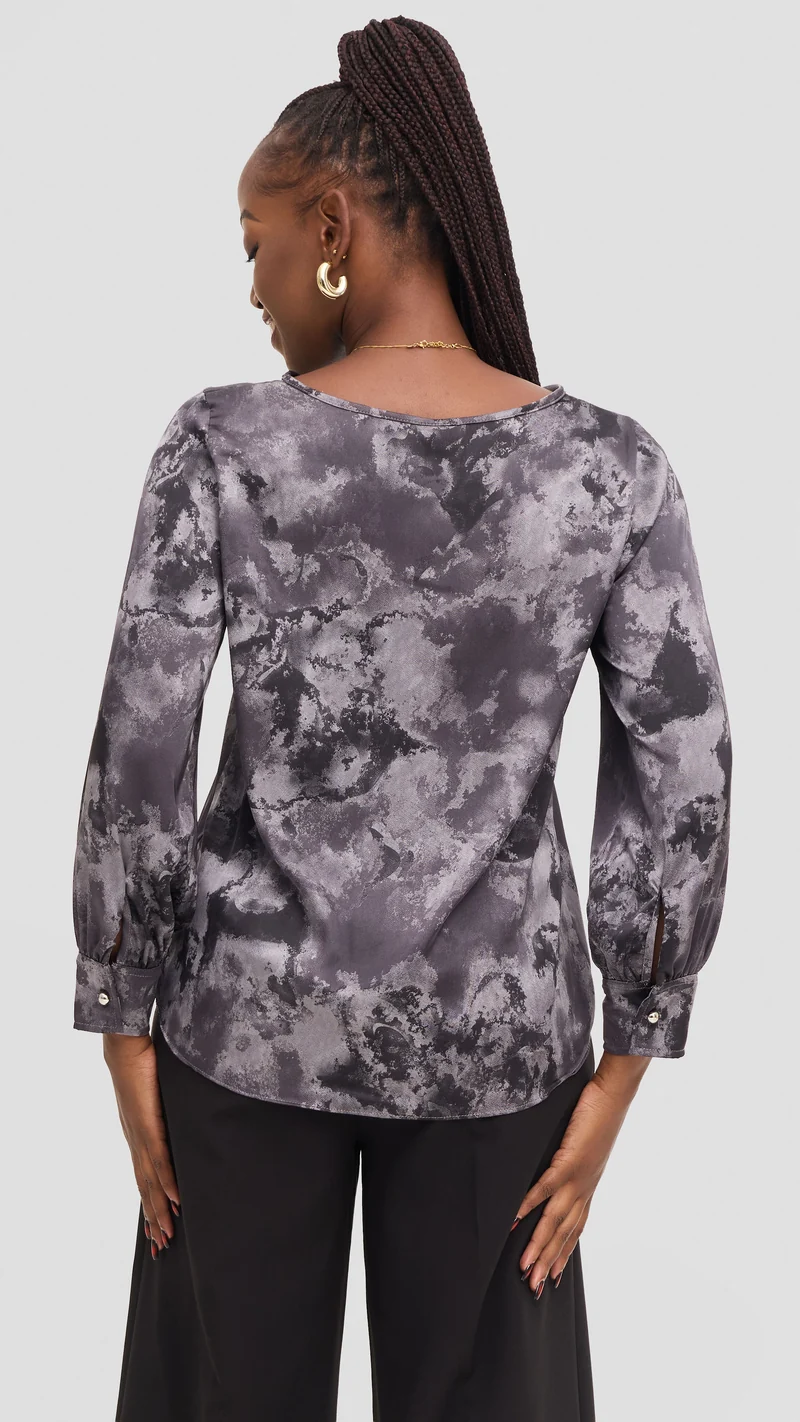 Vivo Tatili Bishop Long Sleeve Top in Satin - Grey Multicolor Print