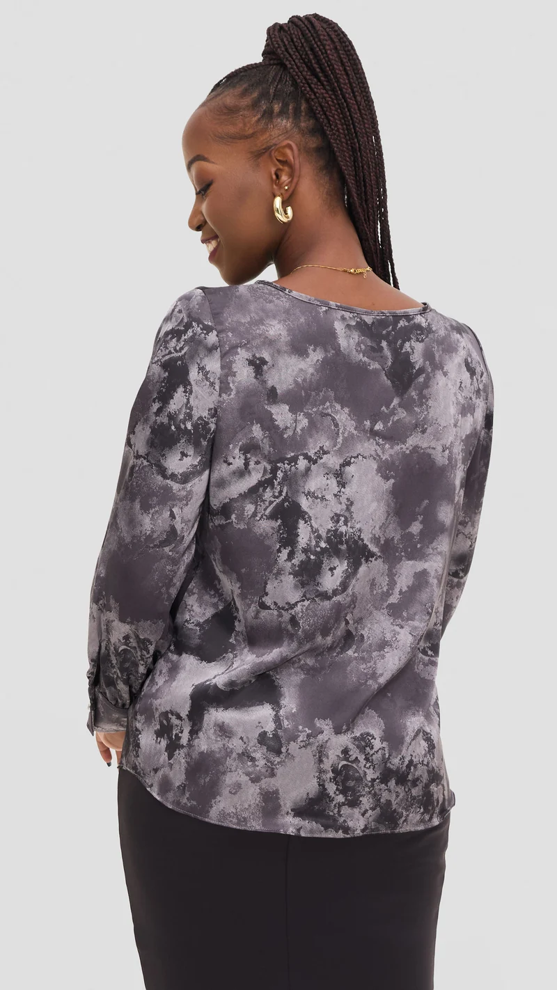 Vivo Tatili Bishop Long Sleeve Top in Satin - Grey Multicolor Print