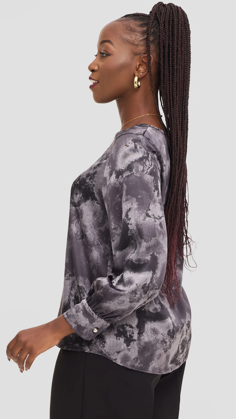 Vivo Tatili Bishop Long Sleeve Top in Satin - Grey Multicolor Print