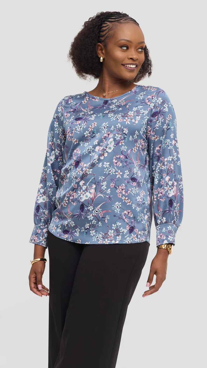 Vivo Tatili Bishop Long Sleeve Top in Satin - Powder Blue Multicolor Print