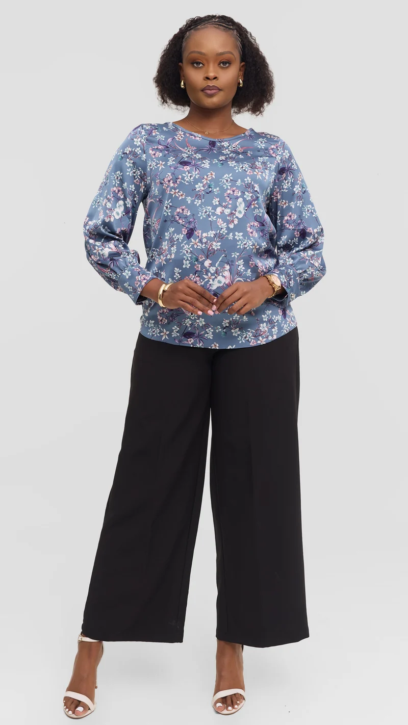 Vivo Tatili Bishop Long Sleeve Top in Satin - Powder Blue Multicolor Print