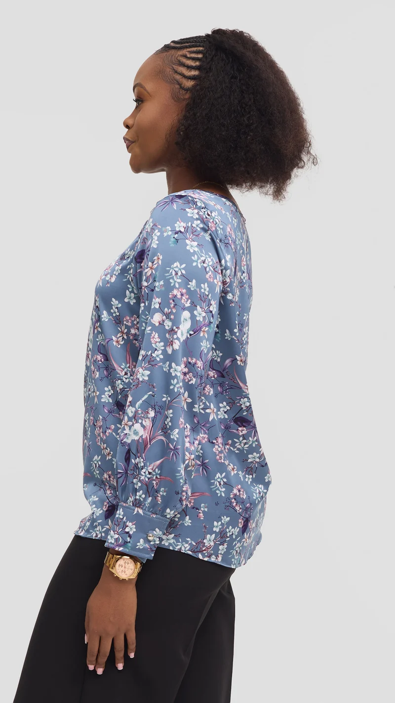 Vivo Tatili Bishop Long Sleeve Top in Satin - Powder Blue Multicolor Print