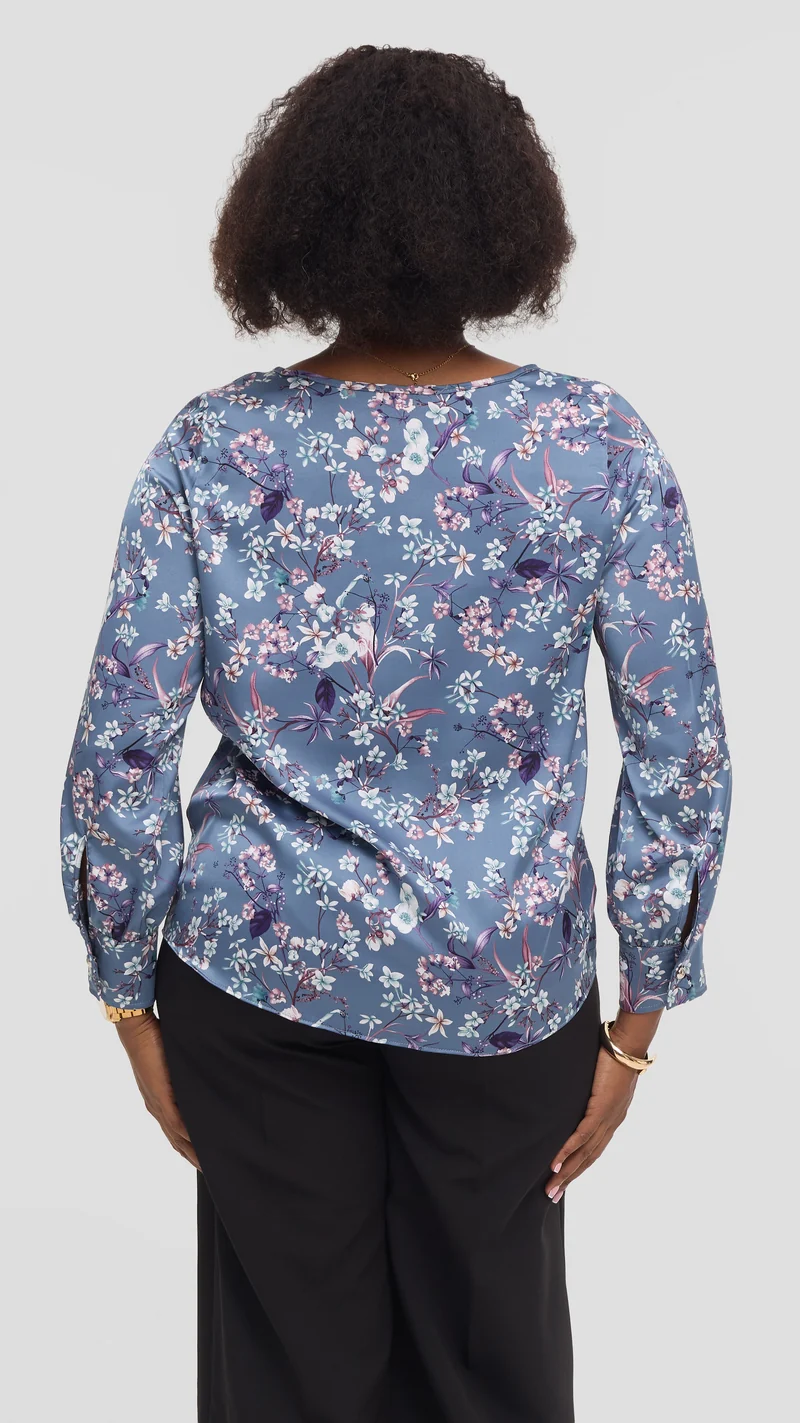 Vivo Tatili Bishop Long Sleeve Top in Satin - Powder Blue Multicolor Print