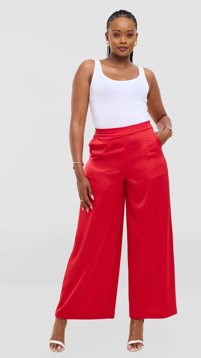 Vivo Essi Wide Leg Pants In Satin - Red