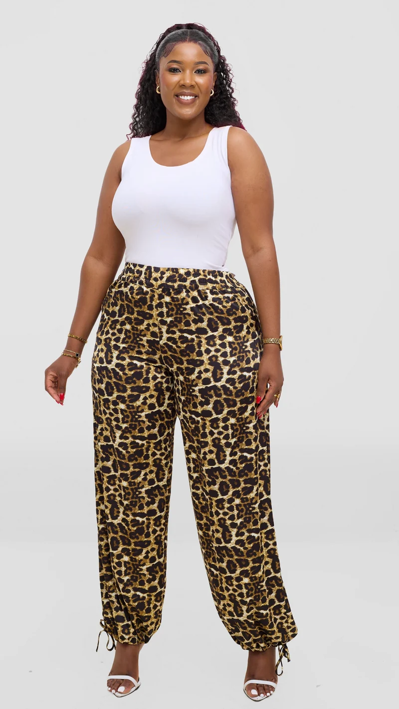 Vivo Liora Drawstring Pants In Satin - Dark Mustard / Black Print
