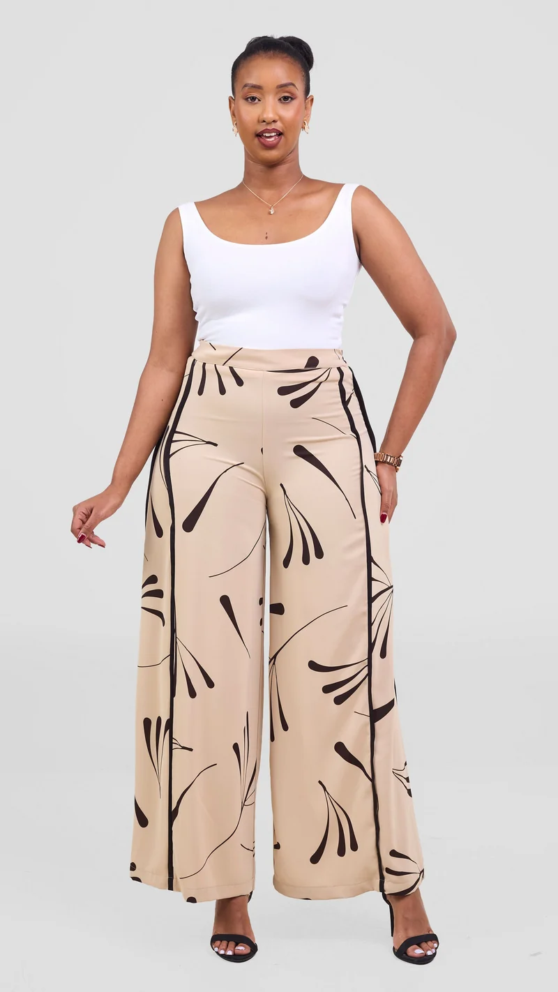 Vivo Nuru Side Panel Wide Leg Pants in Crepe - Taupe / Chocolate Uru Print