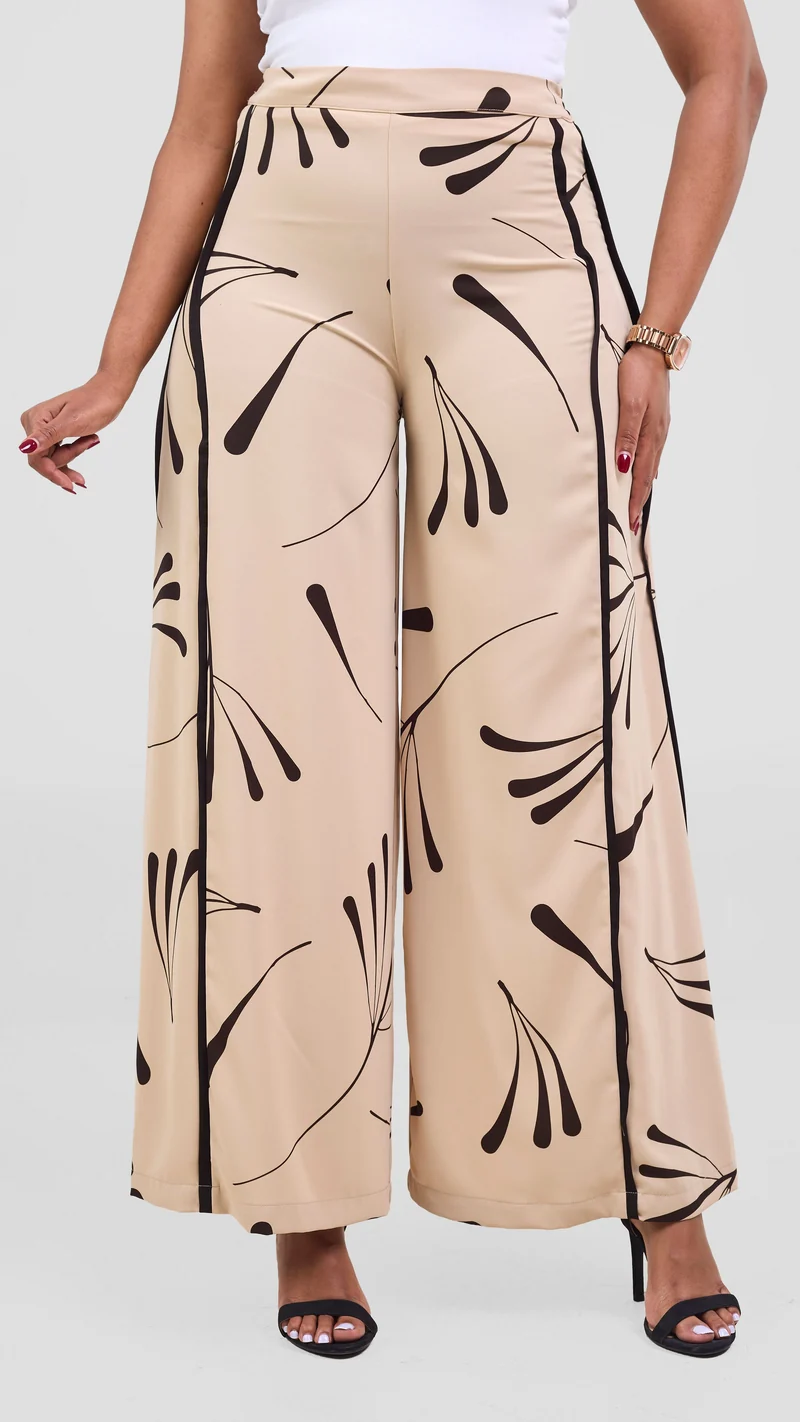 Vivo Nuru Side Panel Wide Leg Pants in Crepe - Taupe / Chocolate Uru Print