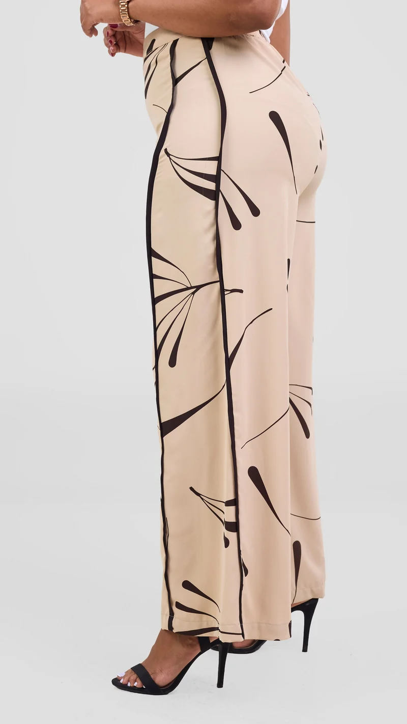 Vivo Nuru Side Panel Wide Leg Pants in Crepe - Taupe / Chocolate Uru Print