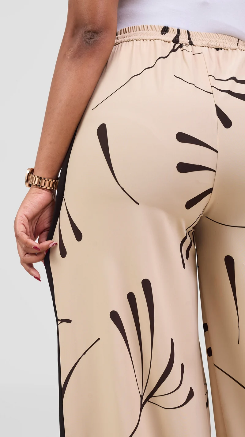 Vivo Nuru Side Panel Wide Leg Pants in Crepe - Taupe / Chocolate Uru Print