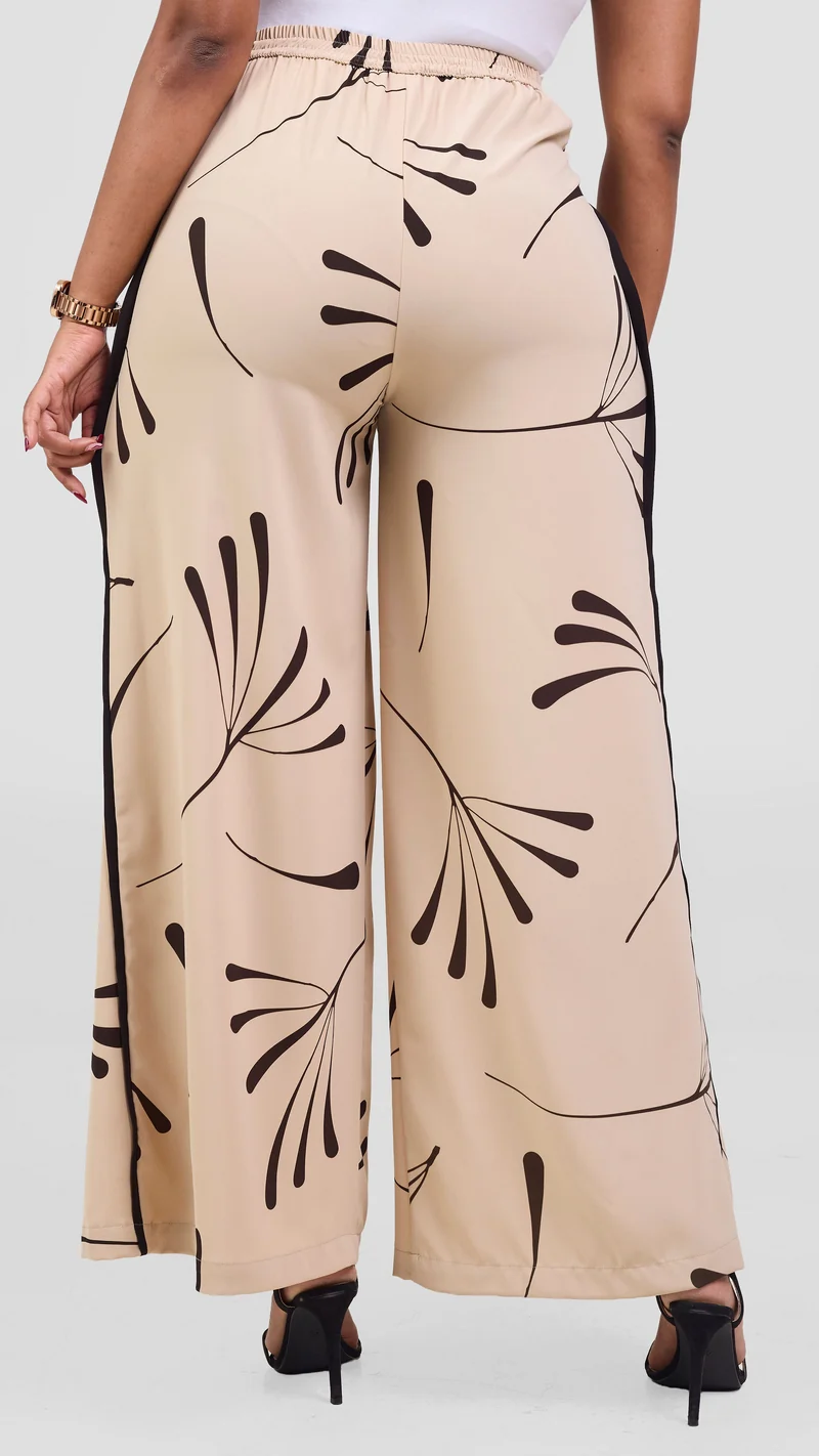 Vivo Nuru Side Panel Wide Leg Pants in Crepe - Taupe / Chocolate Uru Print