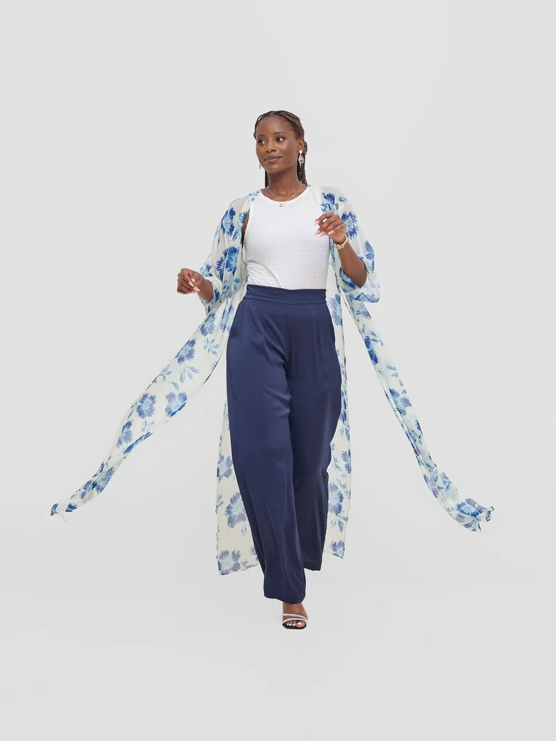 Vivo Basic Nandi High Slit Kimono - Cream / Blue Print