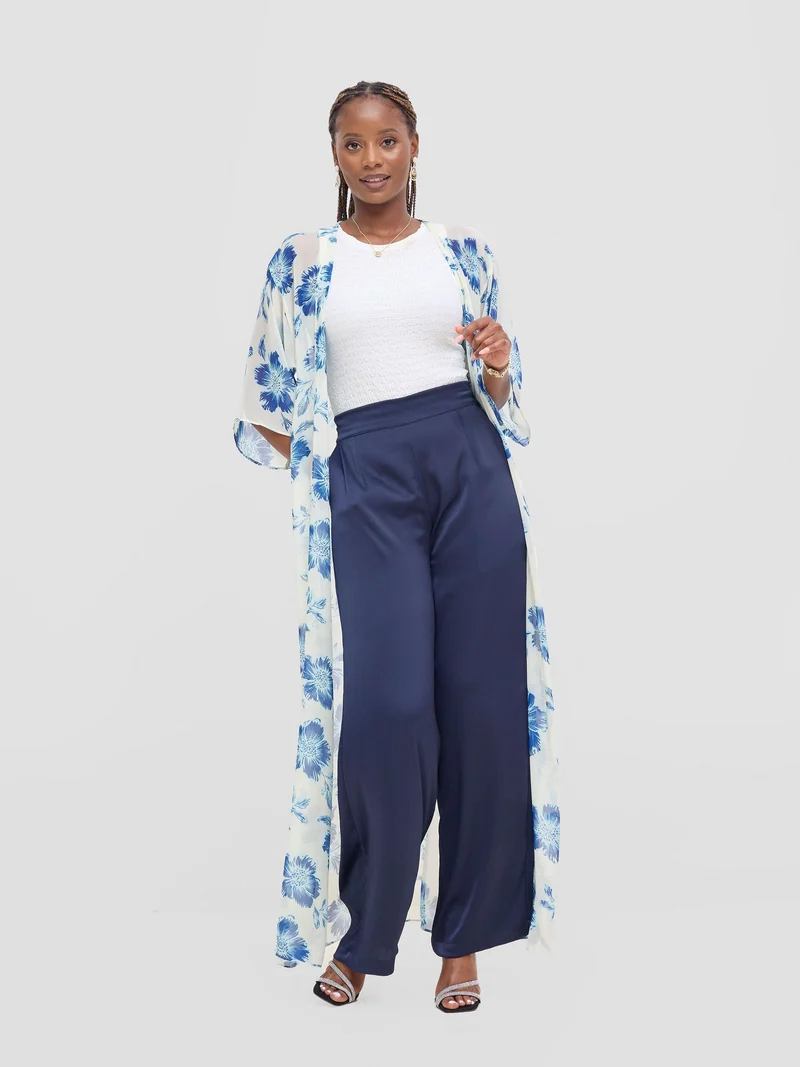Vivo Basic Nandi High Slit Kimono - Cream / Blue Print