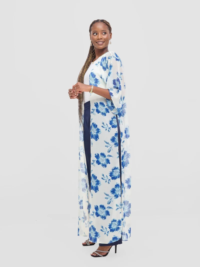 Vivo Basic Nandi High Slit Kimono - Cream / Blue Print