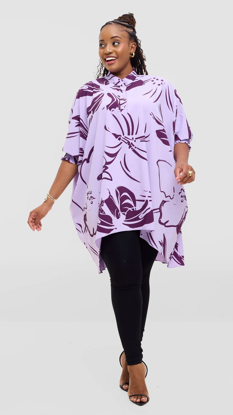 Vivo Wastani 3/4 Shirred Sleeve Wide Tunic - Lilac / Dark Purple Lupa Print