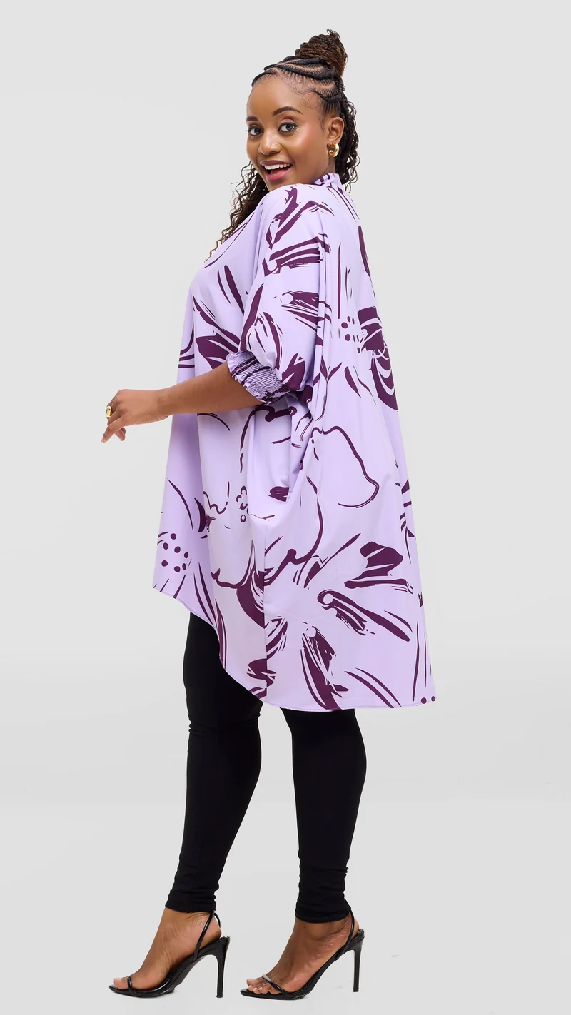 Vivo Wastani 3/4 Shirred Sleeve Wide Tunic - Lilac / Dark Purple Lupa Print