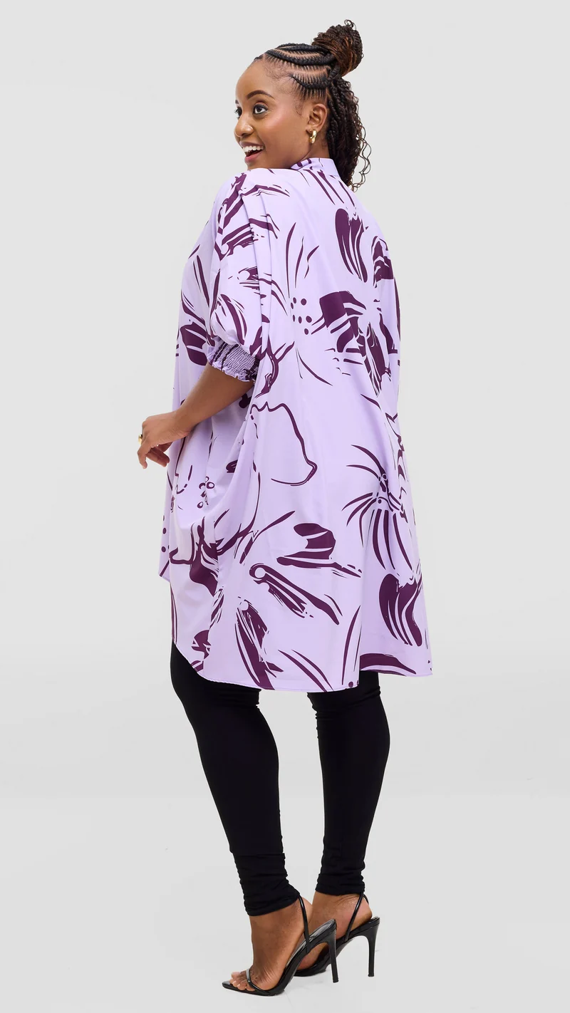 Vivo Wastani 3/4 Shirred Sleeve Wide Tunic - Lilac / Dark Purple Lupa Print