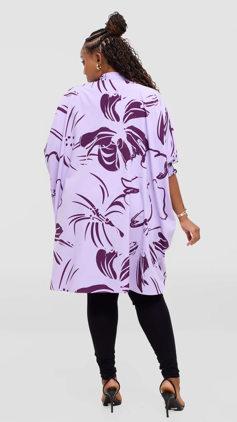 Vivo Wastani 3/4 Shirred Sleeve Wide Tunic - Lilac / Dark Purple Lupa Print