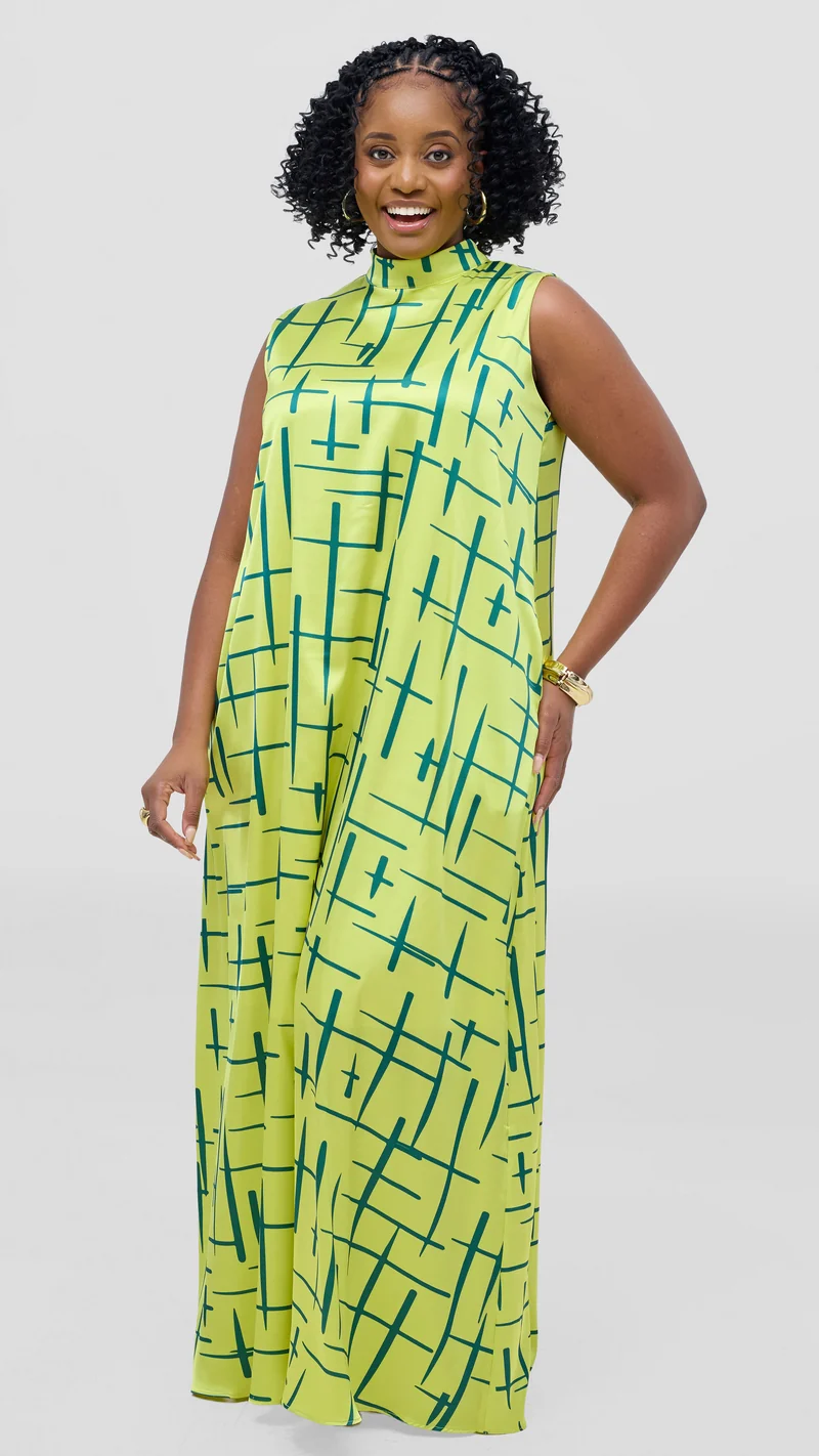 Vivo Thando Mock Neck Maxi Dress - Lime / Green Aria Print