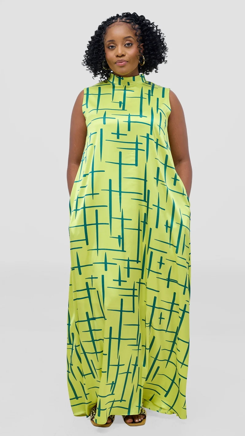 Vivo Thando Mock Neck Maxi Dress - Lime / Green Aria Print