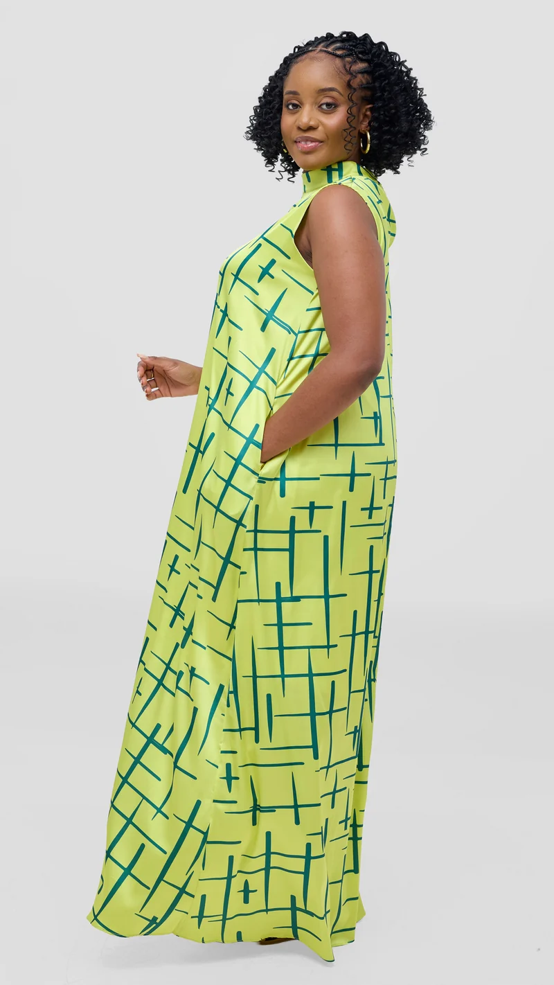 Vivo Thando Mock Neck Maxi Dress - Lime / Green Aria Print