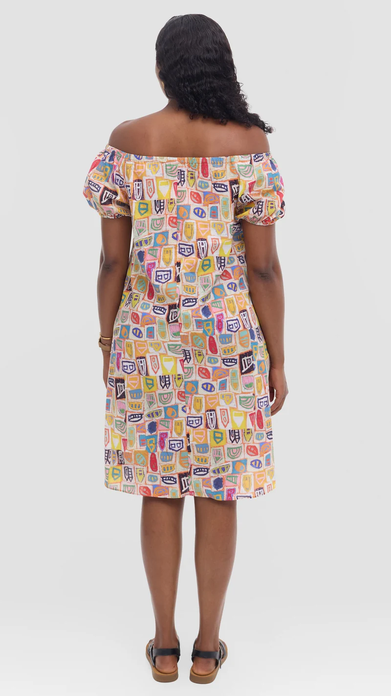 Vivo Off Shoulder Dress in Print Cotton - Mustard Multicolor