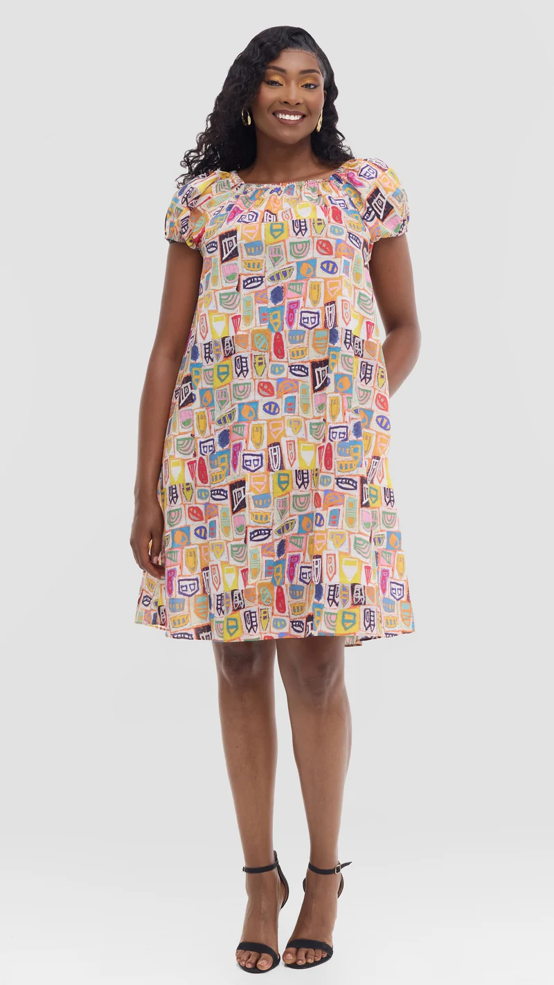 Vivo Off Shoulder Dress in Print Cotton - Mustard Multicolor