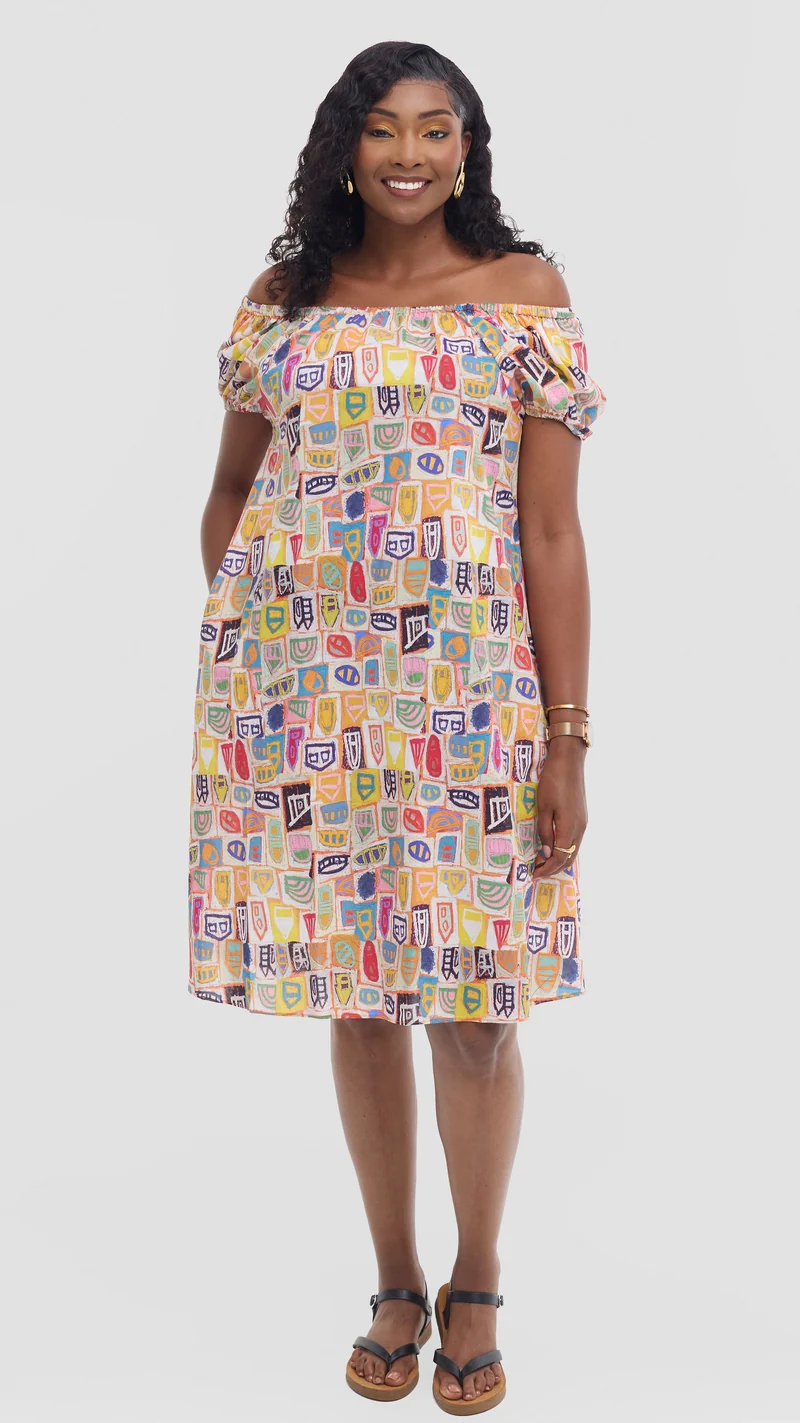 Vivo Off Shoulder Dress in Print Cotton - Mustard Multicolor