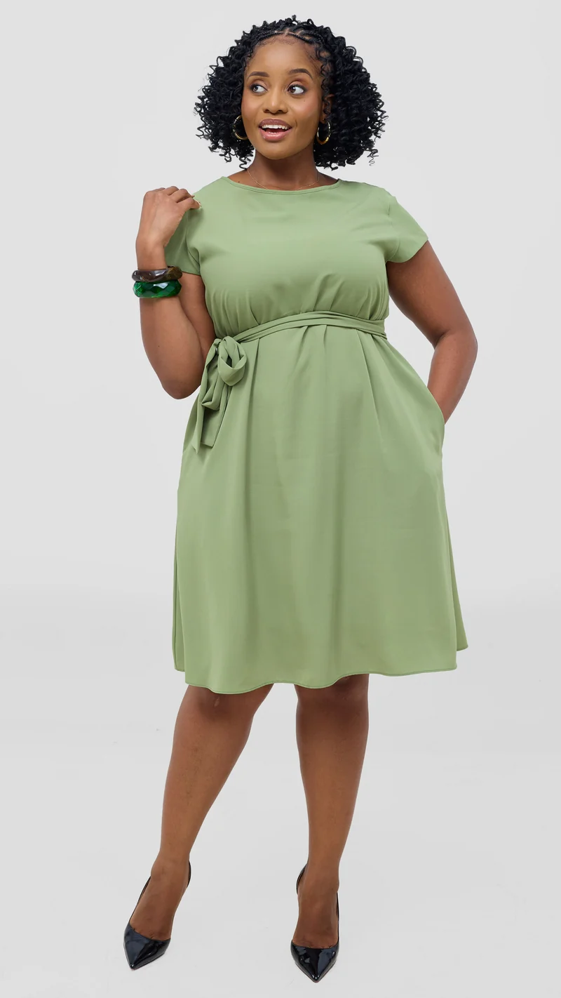 Vivo Basic Cap Sleeve Knee Length Dress - Olive